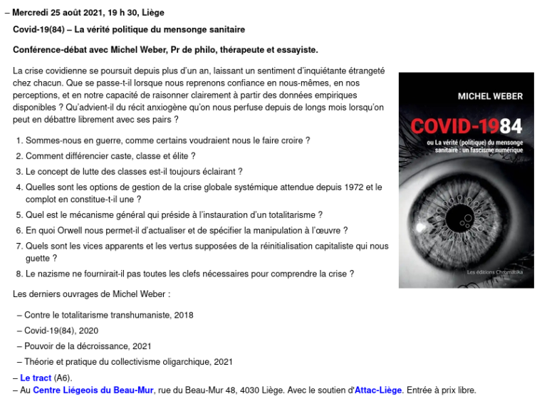 Conférence: Covid-19(84) – La vérité politique du mensonge sanitaire