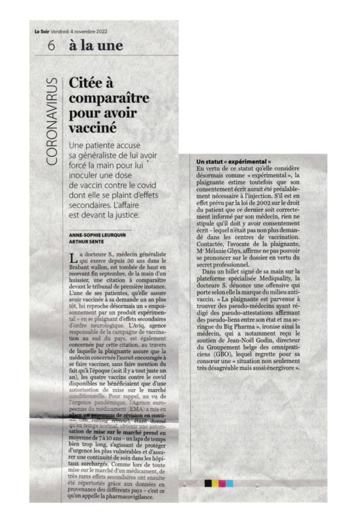 volledig artikel uit de krant le Soir, gepubliceerd op 4 november 2022