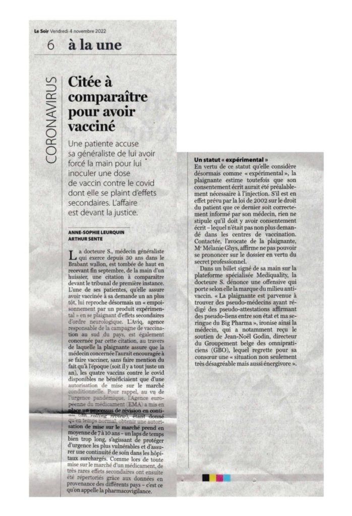 article complet du journal le Soir publié le 4 novembre 2022